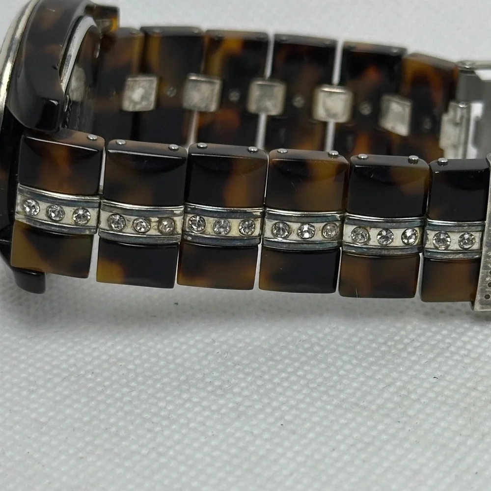 Brighton Women's Silver and Brown Tortoise Link Heart Watch w/ Rhinestones 2.75”